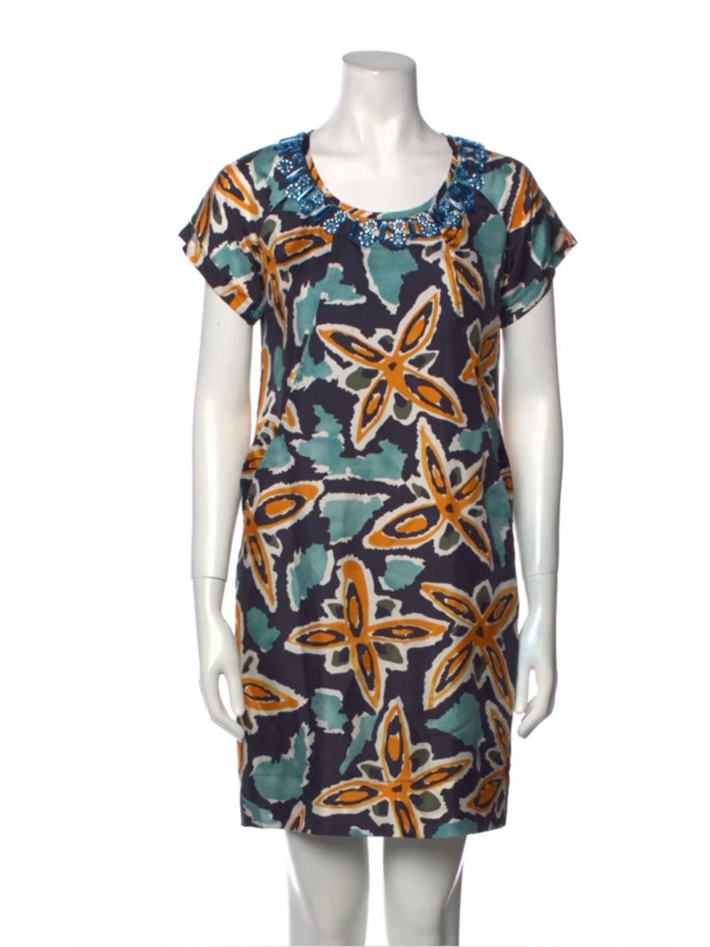 Marc Jacobs Beaded Neck Floral Shift Dress in Teal, Mustard & Navy